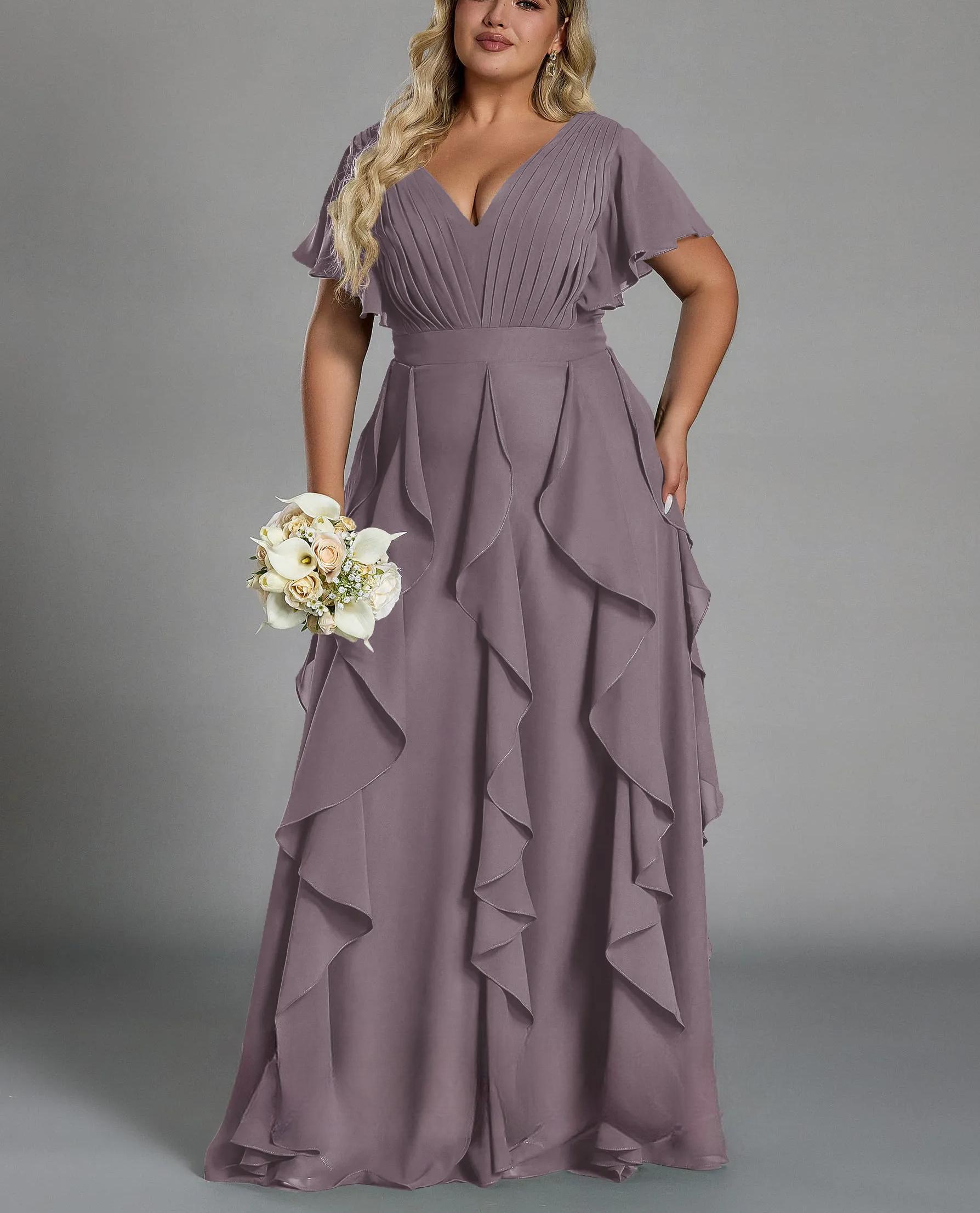 Vestido de talla grande, elegante corte en A, escote en pico, manga corta, volantes, falda hasta el suelo, tejido de gasa, con cintura ceñida.