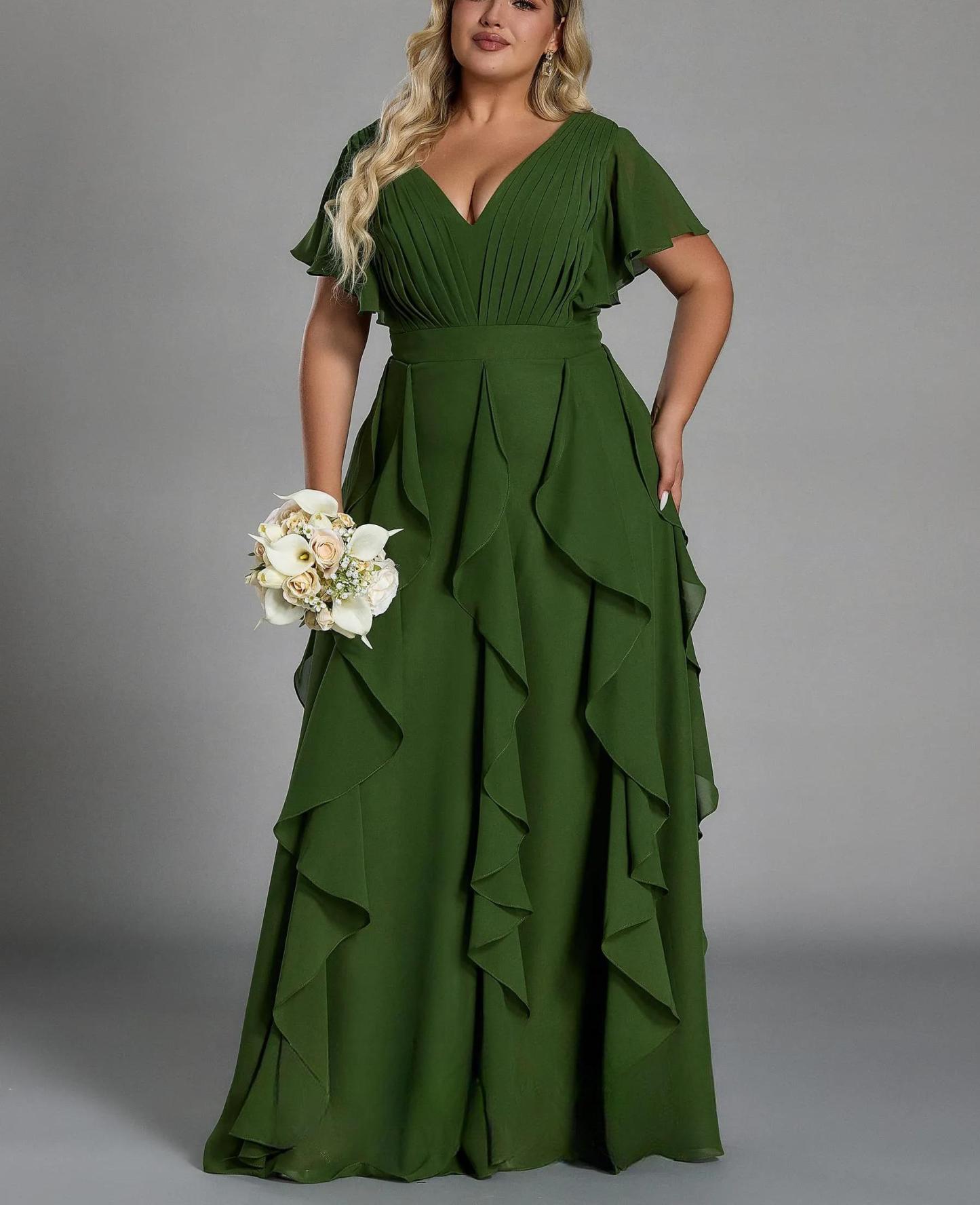 Vestido de talla grande, elegante corte en A, escote en pico, manga corta, volantes, falda hasta el suelo, tejido de gasa, con cintura ceñida.