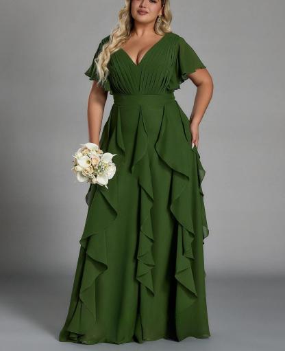 Vestido de talla grande, elegante corte en A, escote en pico, manga corta, volantes, falda hasta el suelo, tejido de gasa, con cintura ceñida.