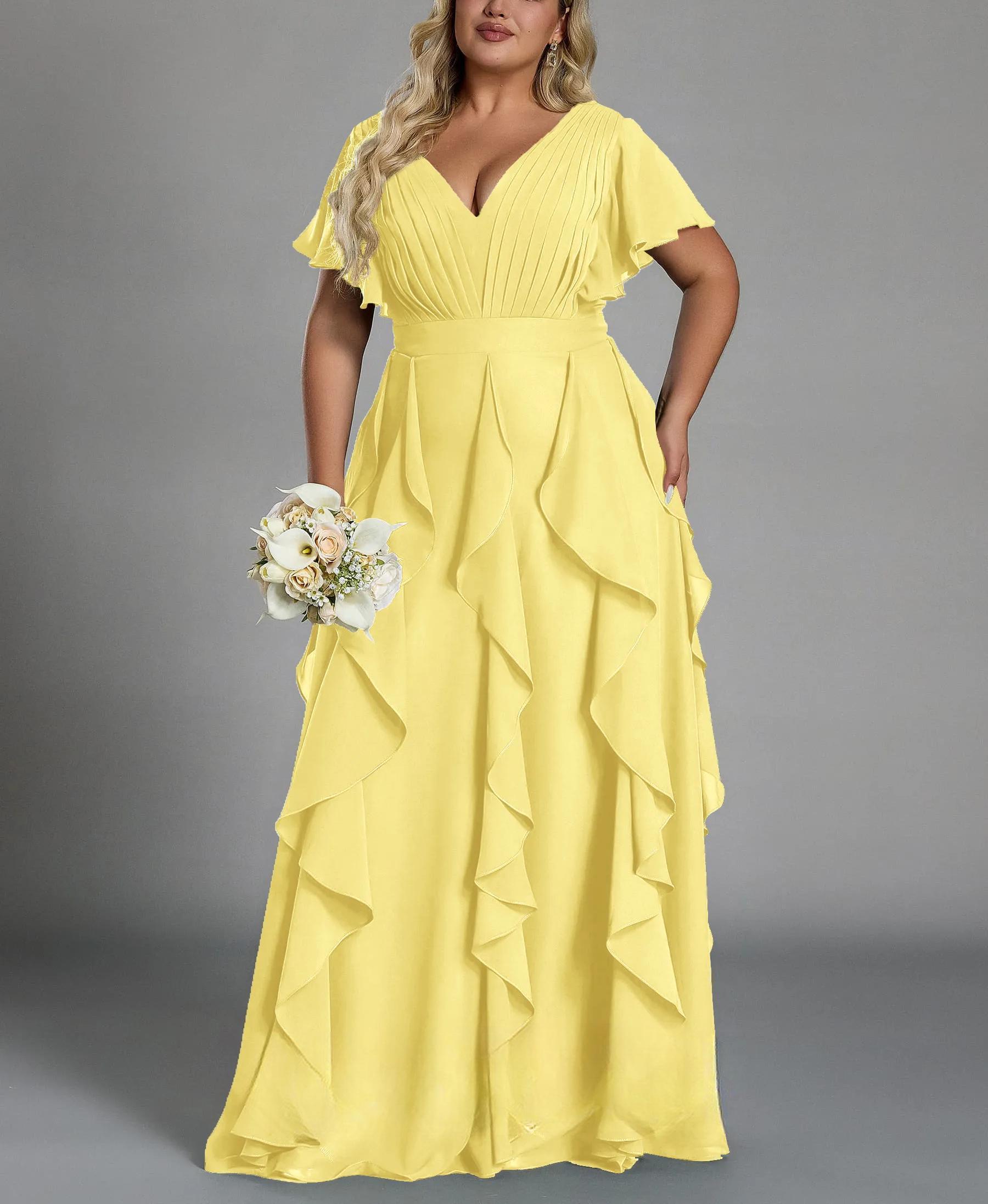 Vestido de talla grande, elegante corte en A, escote en pico, manga corta, volantes, falda hasta el suelo, tejido de gasa, con cintura ceñida.