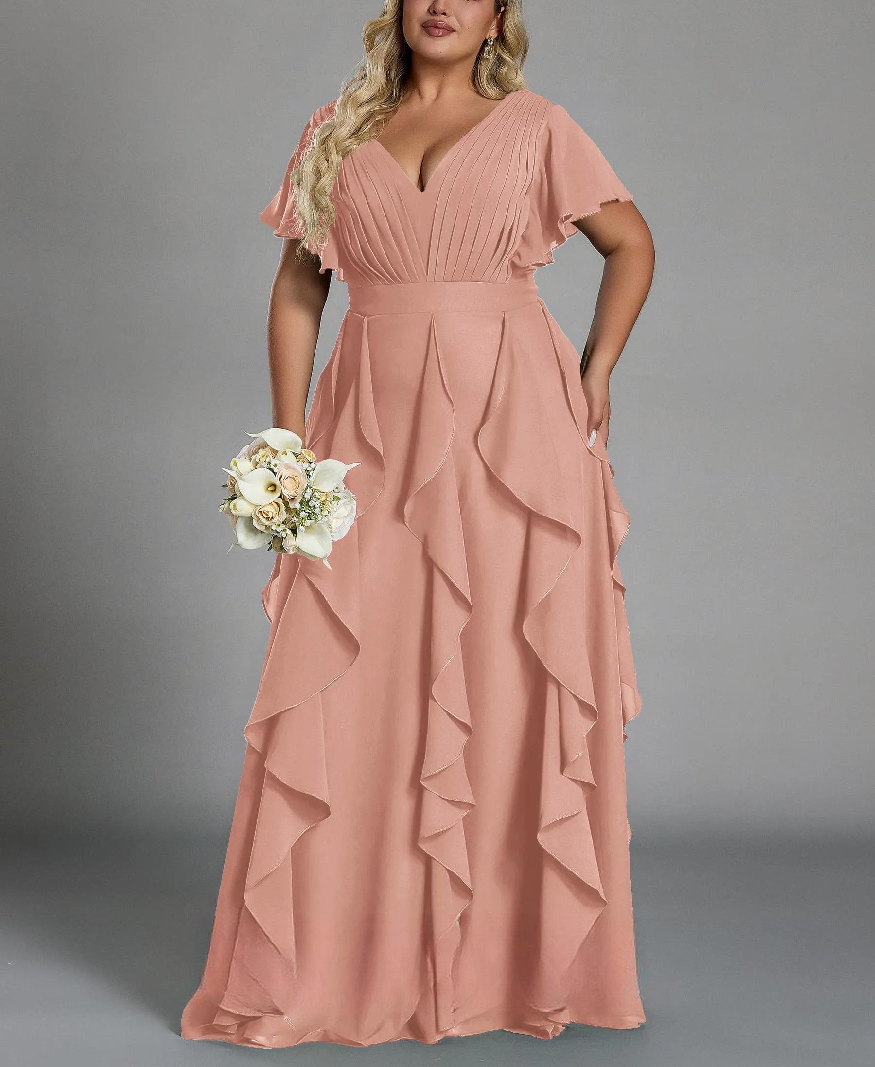 Vestido de talla grande, elegante corte en A, escote en pico, manga corta, volantes, falda hasta el suelo, tejido de gasa, con cintura ceñida.