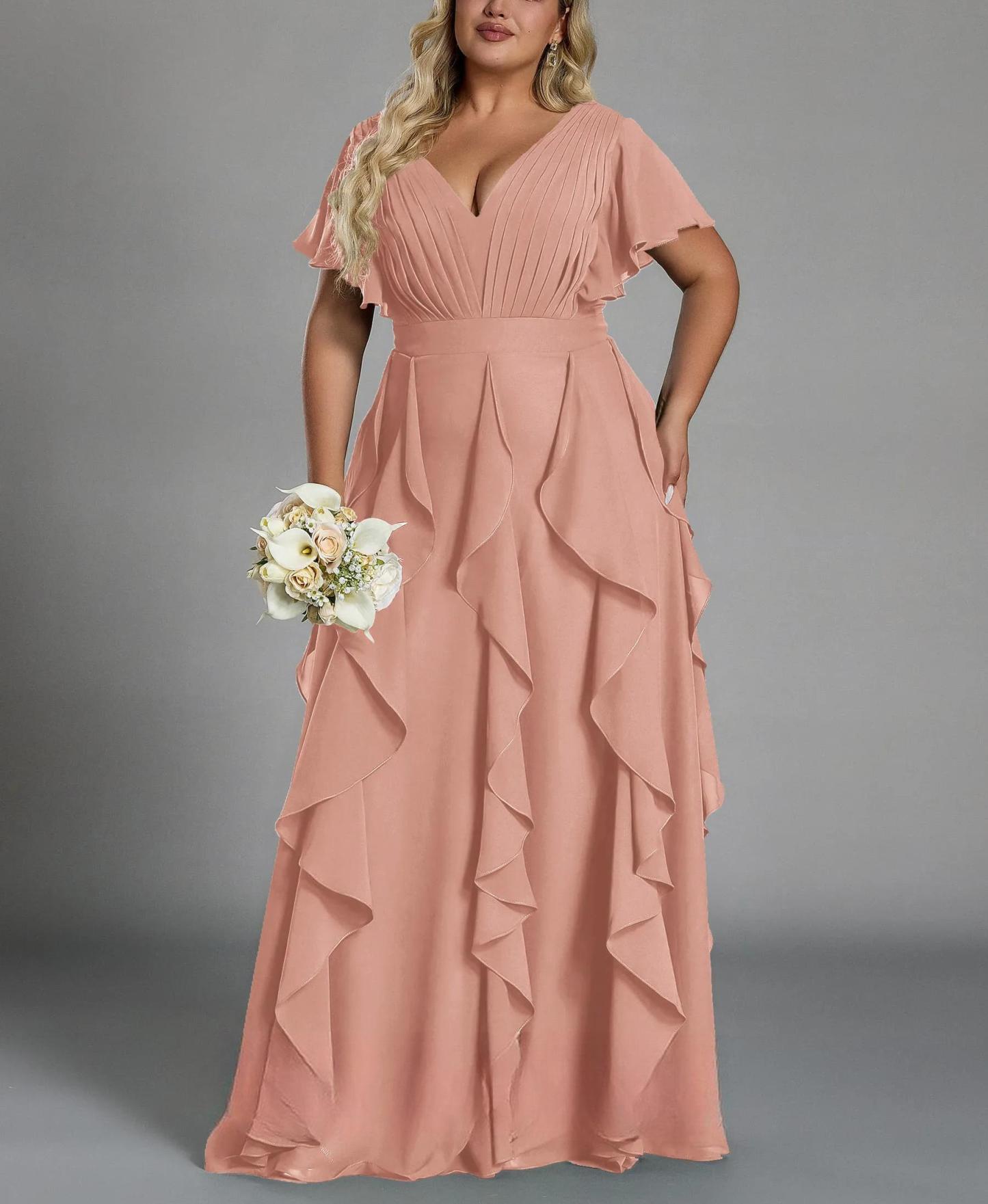 Vestido de talla grande, elegante corte en A, escote en pico, manga corta, volantes, falda hasta el suelo, tejido de gasa, con cintura ceñida.