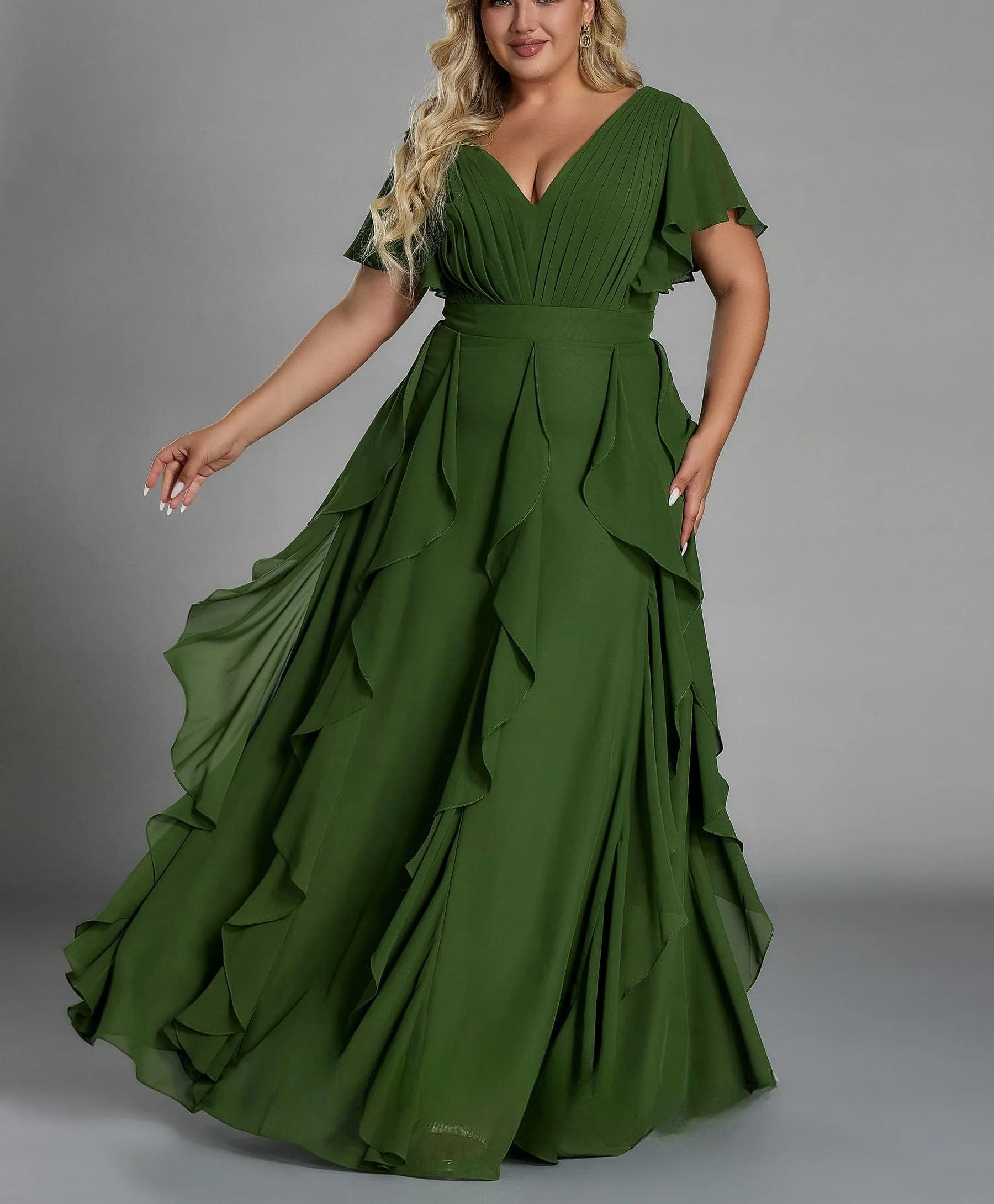 Vestido de talla grande, elegante corte en A, escote en pico, manga corta, volantes, falda hasta el suelo, tejido de gasa, con cintura ceñida.