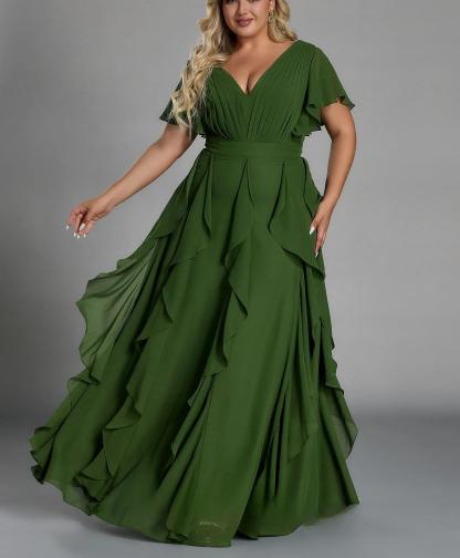 Vestido de talla grande, elegante corte en A, escote en pico, manga corta, volantes, falda hasta el suelo, tejido de gasa, con cintura ceñida.
