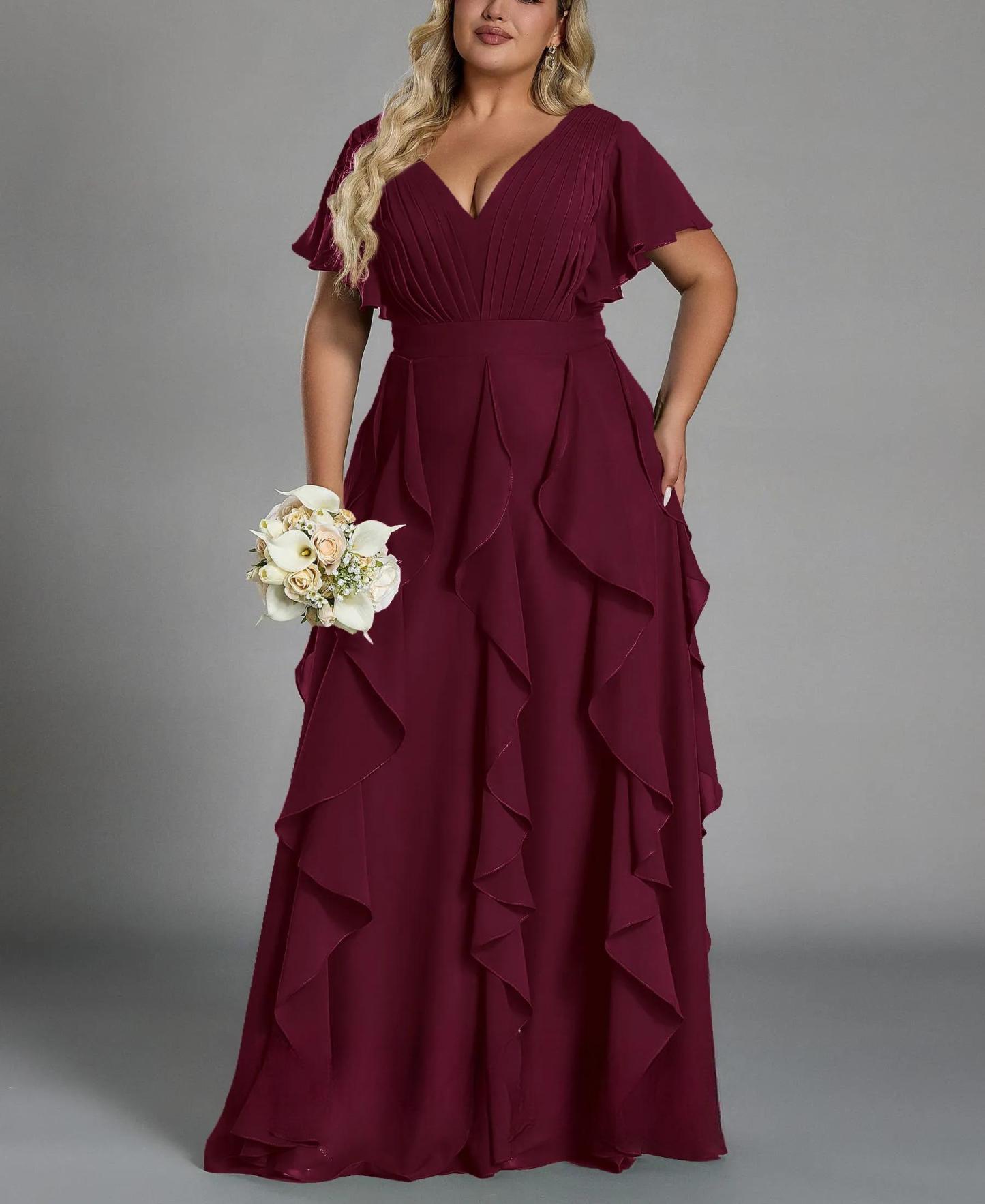 Vestido de talla grande, elegante corte en A, escote en pico, manga corta, volantes, falda hasta el suelo, tejido de gasa, con cintura ceñida.