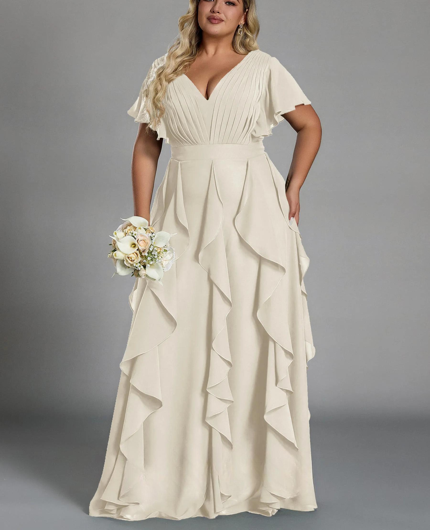 Vestido de talla grande, elegante corte en A, escote en pico, manga corta, volantes, falda hasta el suelo, tejido de gasa, con cintura ceñida.