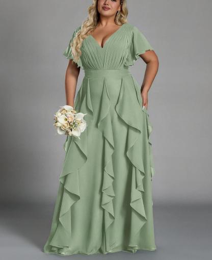 Vestido de talla grande, elegante corte en A, escote en pico, manga corta, volantes, falda hasta el suelo, tejido de gasa, con cintura ceñida.