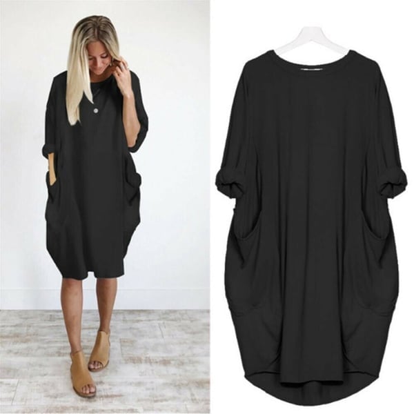 Women Casual Loose Pocket Long Sleeves Dress
