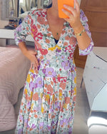 Casual floral print V-neck waist wrap long dress