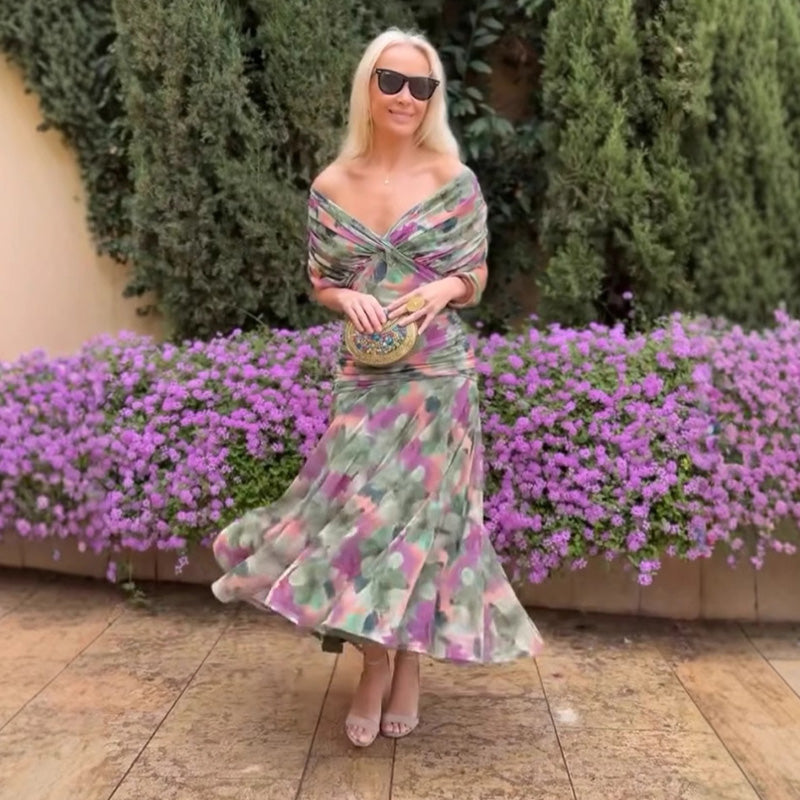 Women's Off-the-Shoulder V-Neck Printed Dress