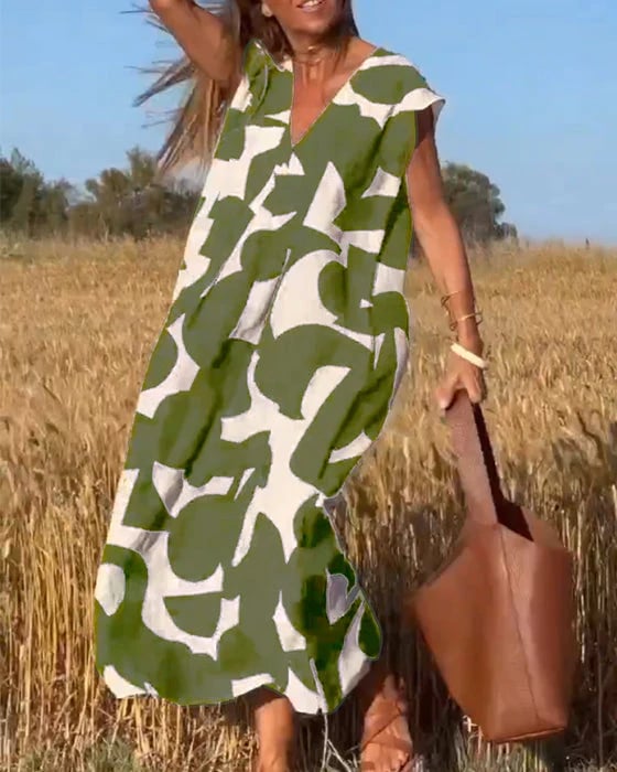 V-Neck Floral A-line Maxi Print Dress