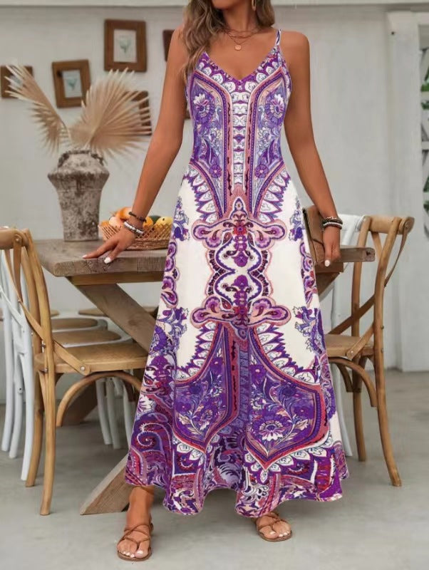 Women’s Retro Print V-Neck Sleeveless Maxi Dress