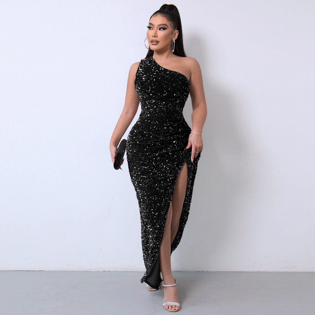 Women's Glitter Sequins One Shoulder Ruched Split Thigh Bodycon Dress