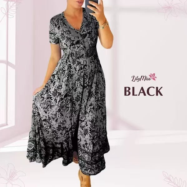Print-cozy v-neck long-dress