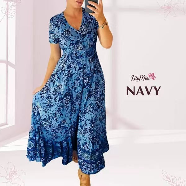Print-cozy v-neck long-dress