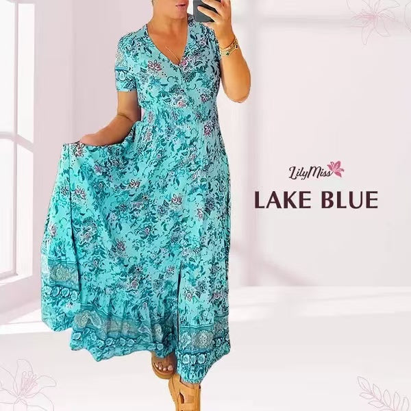 Print-cozy v-neck long-dress