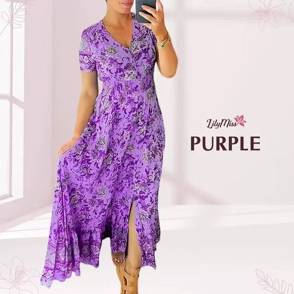 Print-cozy v-neck long-dress
