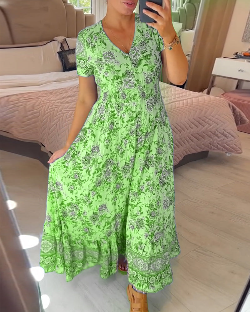Print-cozy v-neck long-dress