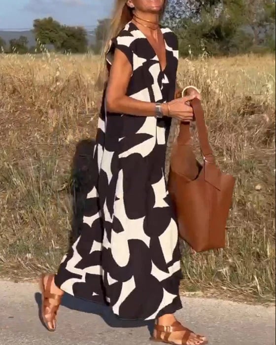 V-Neck Floral A-line Maxi Print Dress