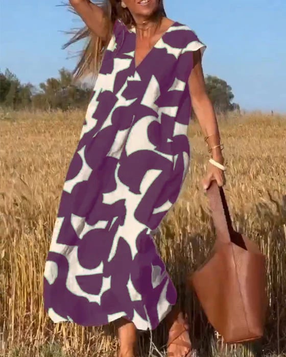 V-Neck Floral A-line Maxi Print Dress