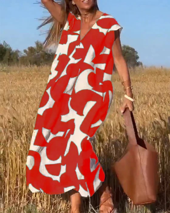 V-Neck Floral A-line Maxi Print Dress