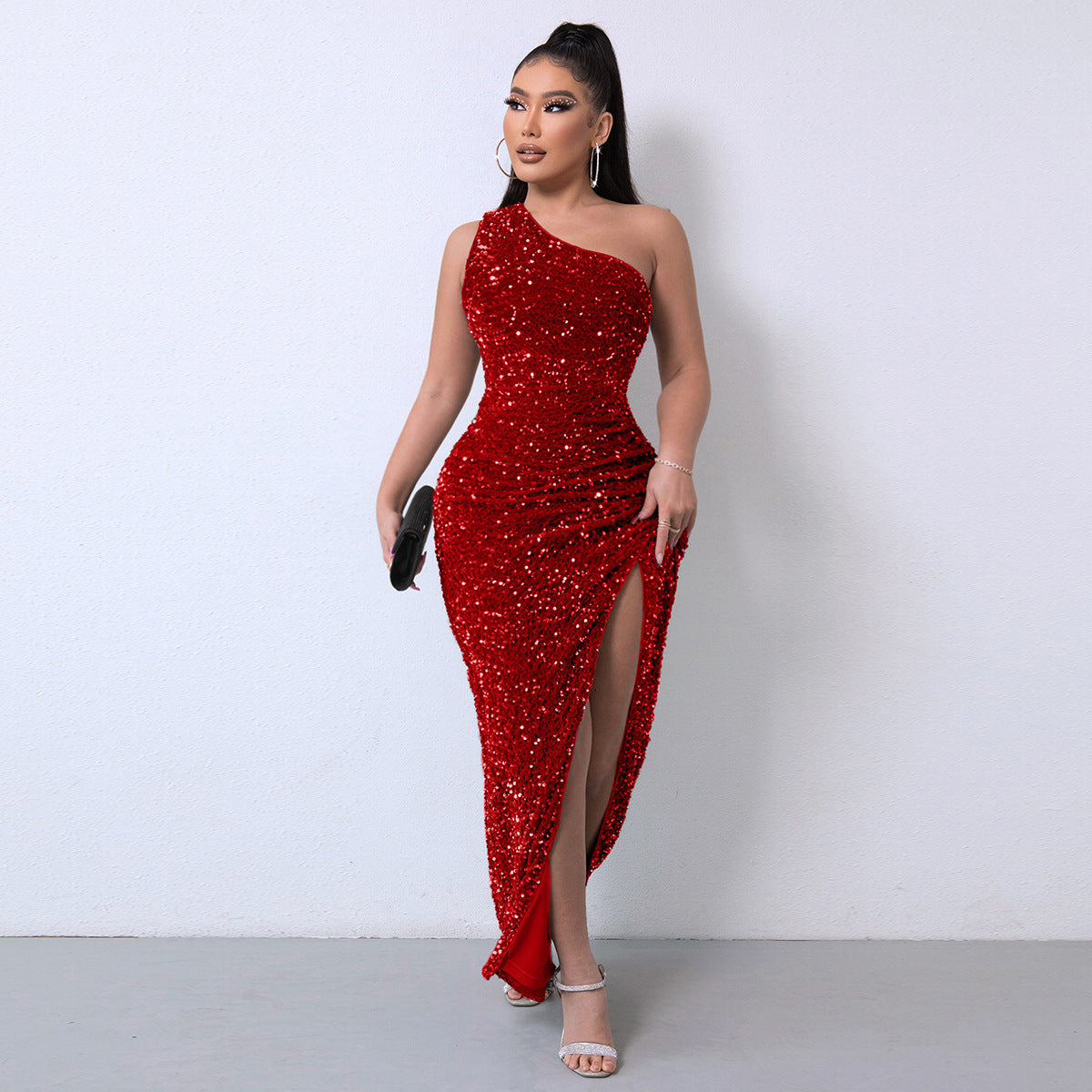 Women's Glitter Sequins One Shoulder Ruched Split Thigh Bodycon Dress