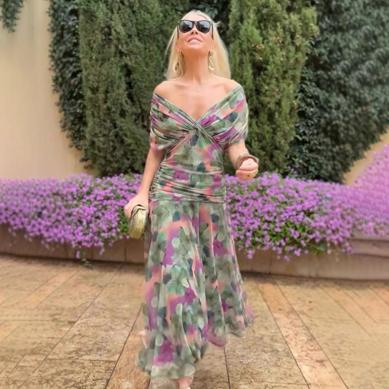 Women's Off-the-Shoulder V-Neck Printed Dress