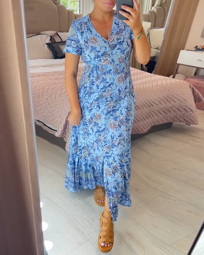 Print-cozy v-neck long-dress