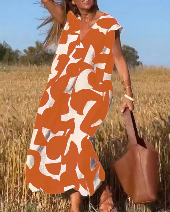 V-Neck Floral A-line Maxi Print Dress