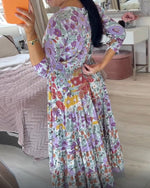 Casual floral print V-neck waist wrap long dress