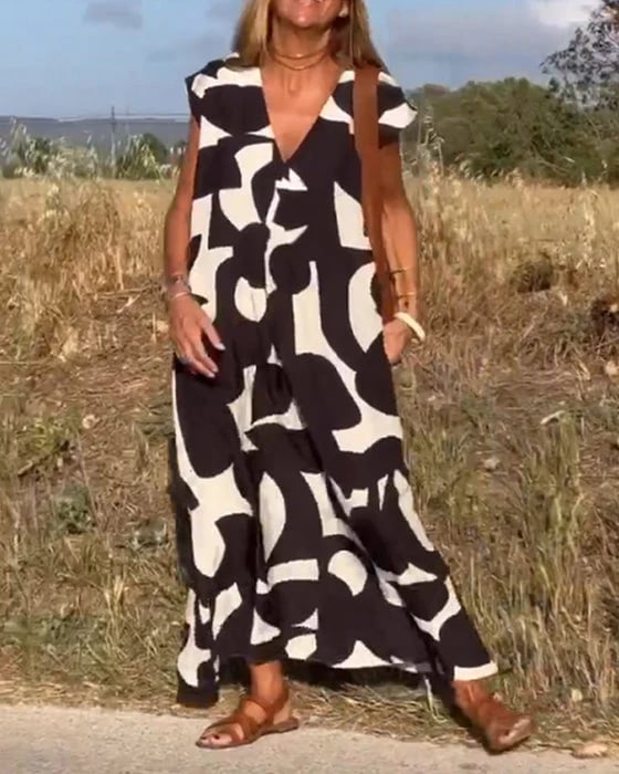 V-Neck Floral A-line Maxi Print Dress