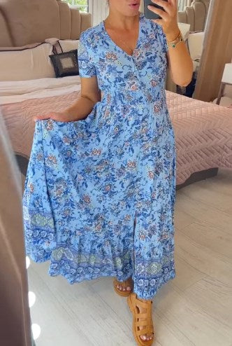 Print-cozy v-neck long-dress