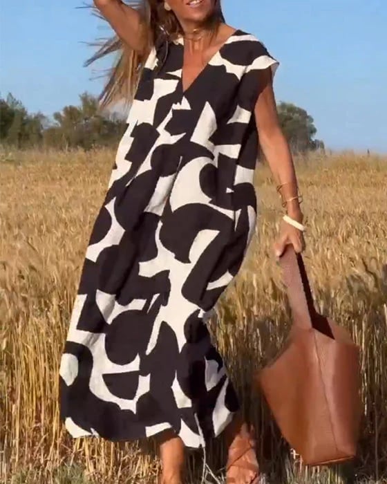 V-Neck Floral A-line Maxi Print Dress
