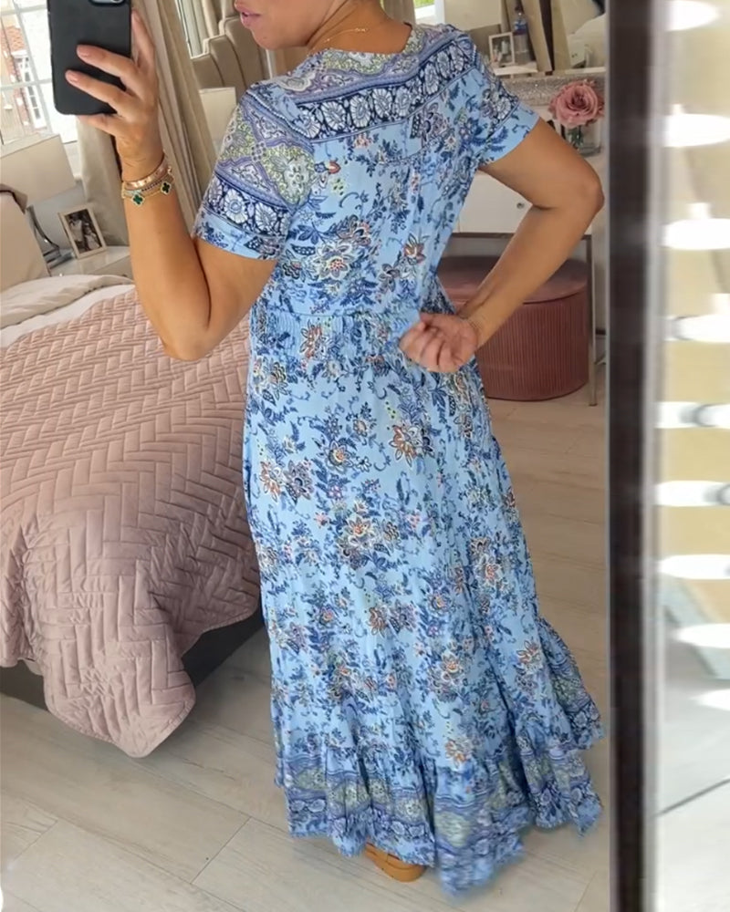Print-cozy v-neck long-dress