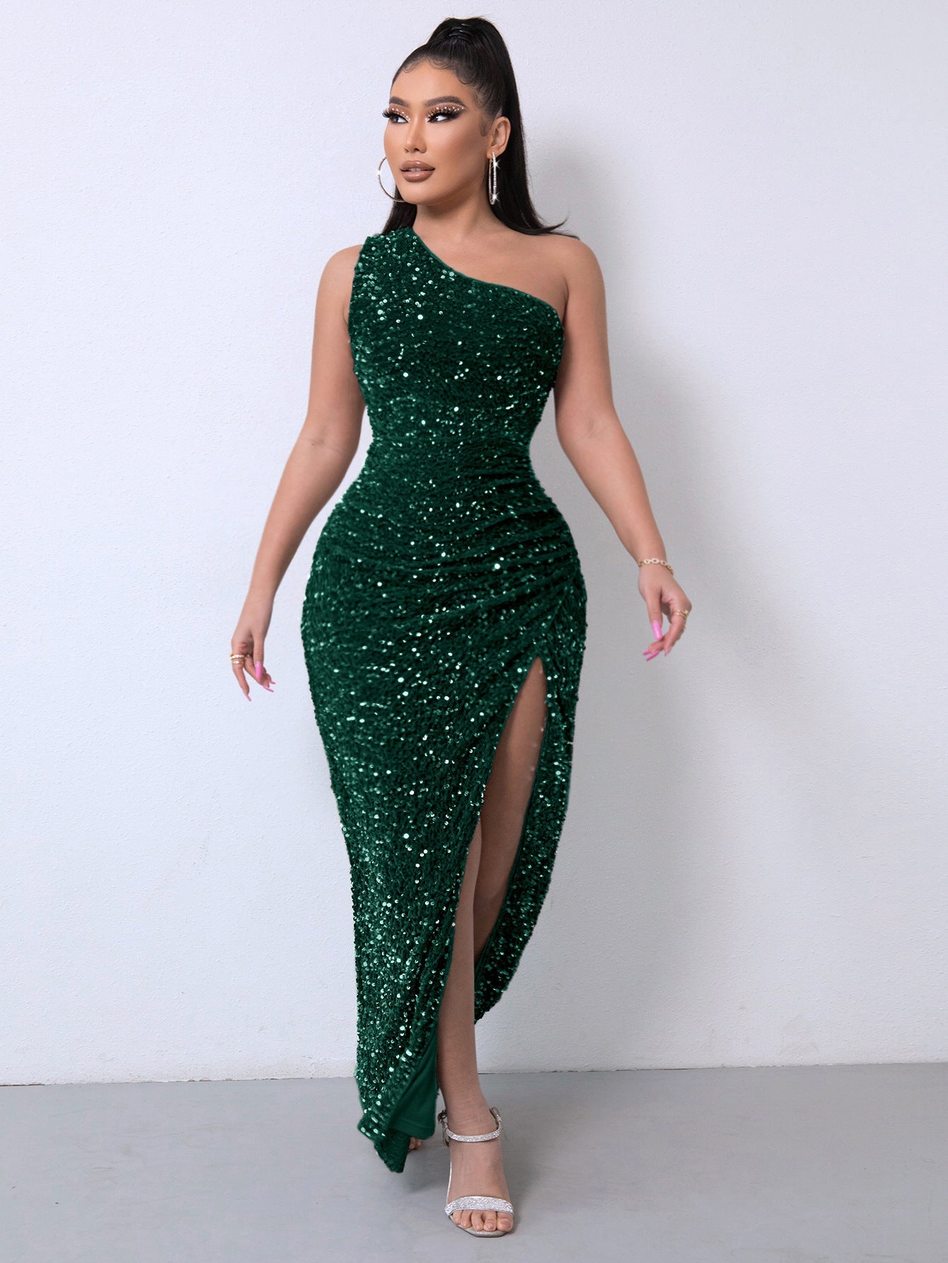 Women's Glitter Sequins One Shoulder Ruched Split Thigh Bodycon Dress