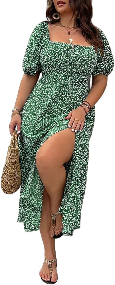 Plus-size Short Sleeve Split Floral Print Dress