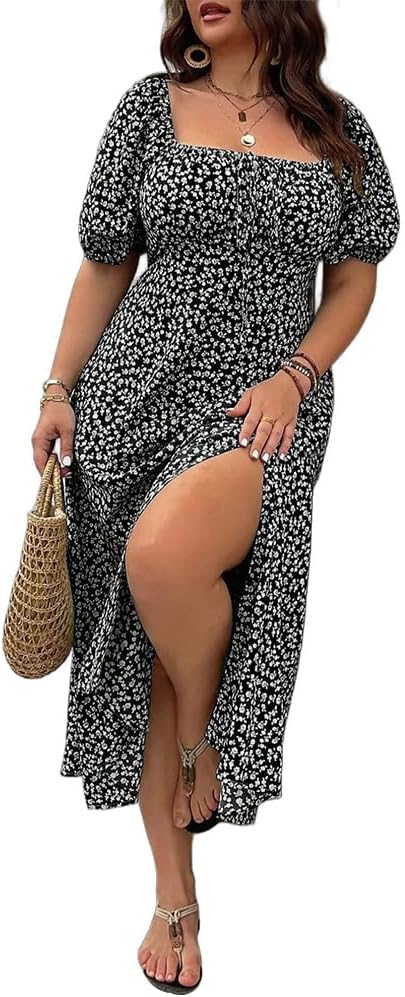 Plus-size Short Sleeve Split Floral Print Dress
