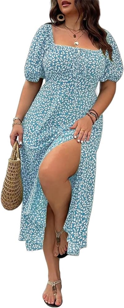 Plus-size Short Sleeve Split Floral Print Dress
