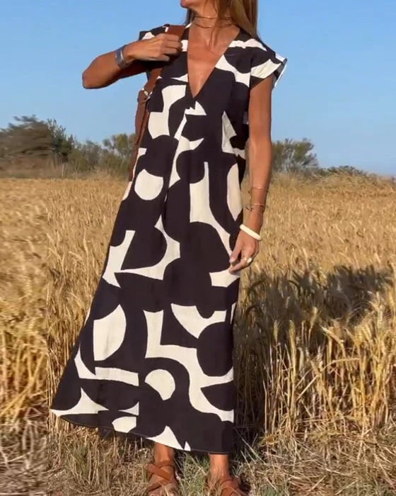 V-Neck Floral A-line Maxi Print Dress