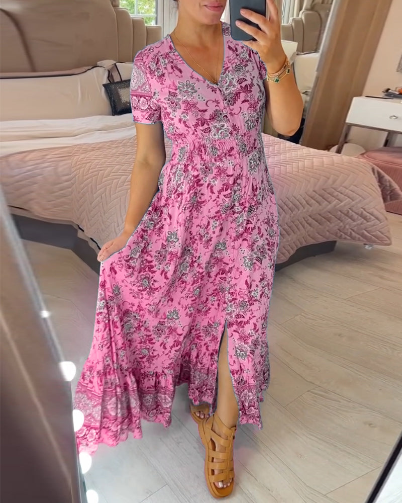 Print-cozy v-neck long-dress