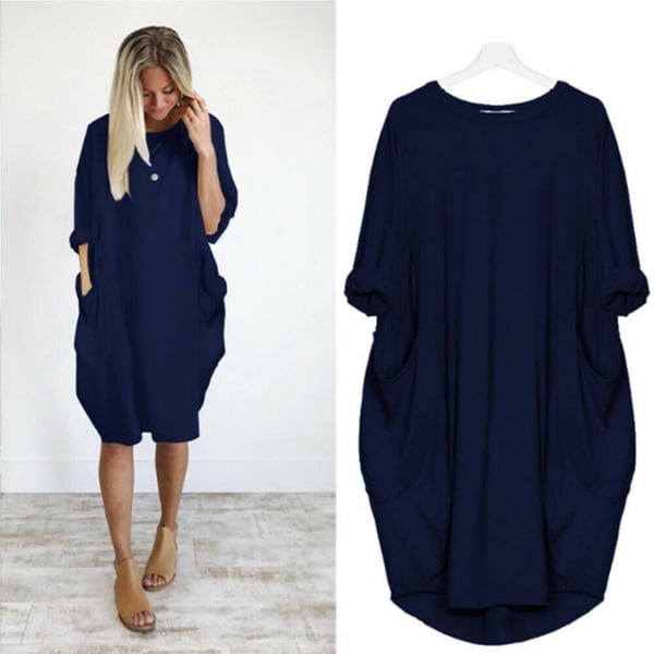 Women Casual Loose Pocket Long Sleeves Dress