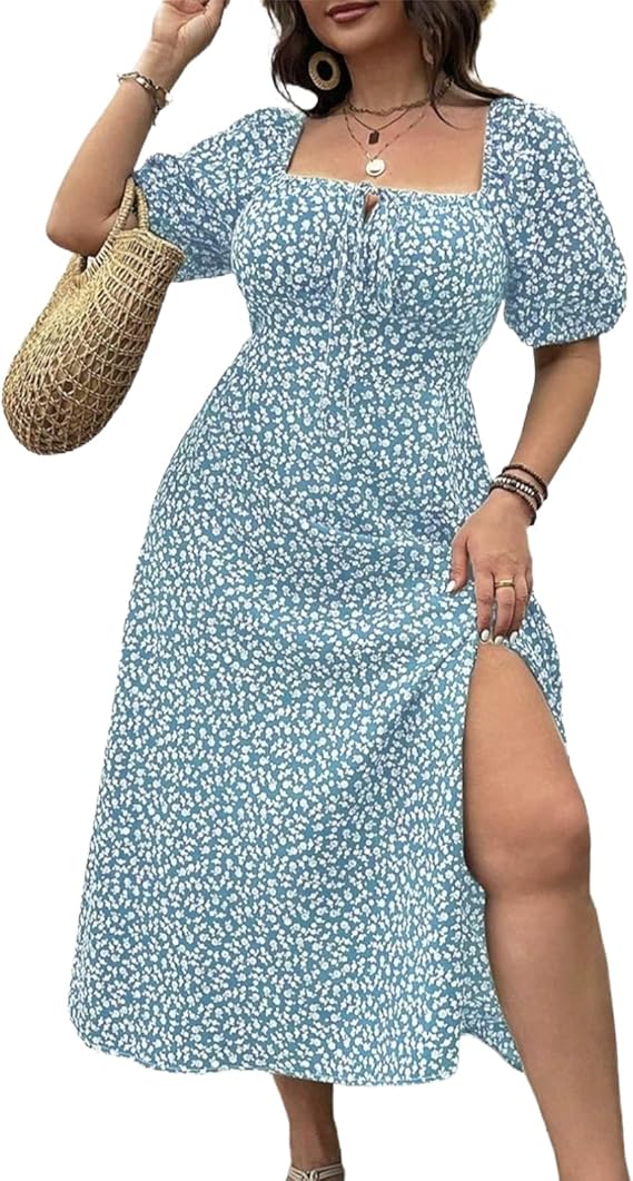 Plus-size Short Sleeve Split Floral Print Dress