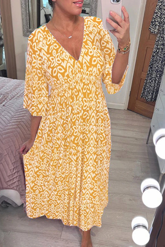 Casual Print V-neck Long Dress