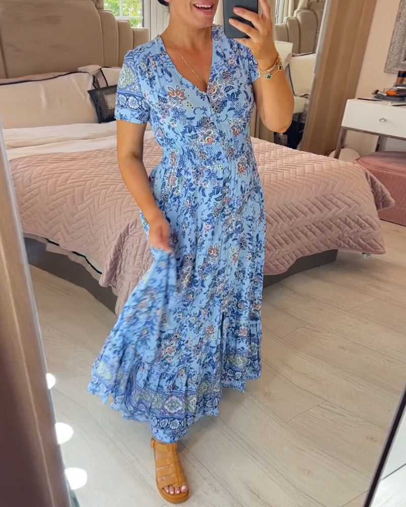Print-cozy v-neck long-dress