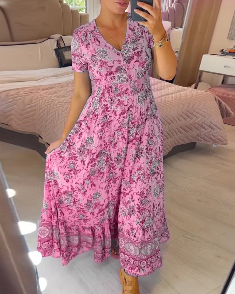Print-cozy v-neck long-dress