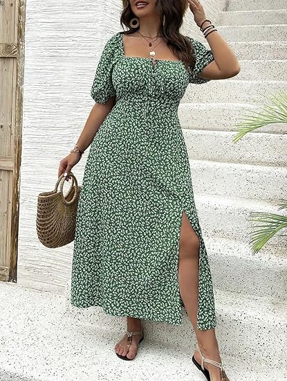 Plus-size Short Sleeve Split Floral Print Dress