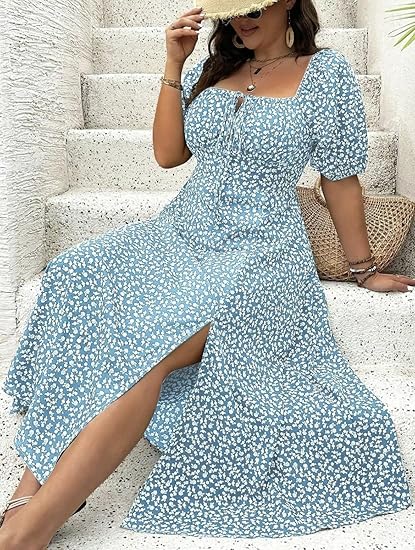 Plus-size Short Sleeve Split Floral Print Dress