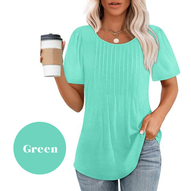 Women's Short Sleeve Pleated Dressy Casual Scooped Neck Tops