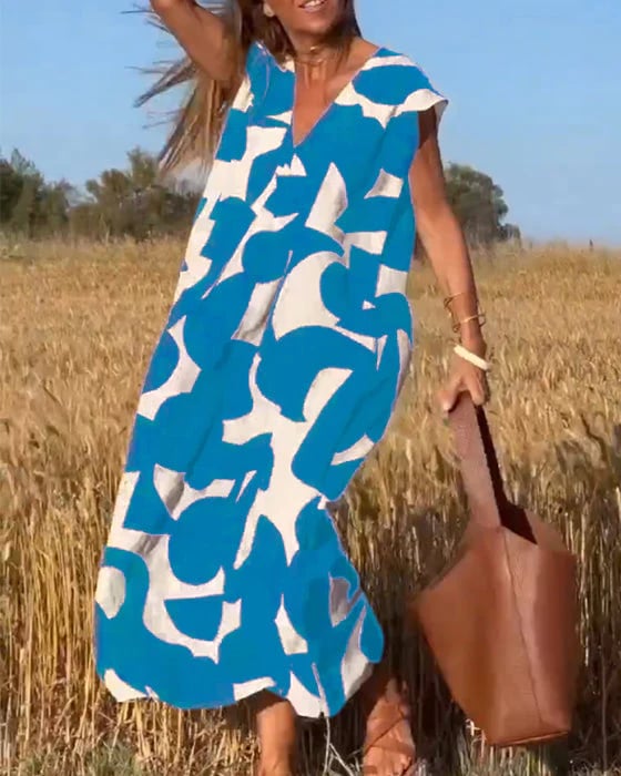 V-Neck Floral A-line Maxi Print Dress