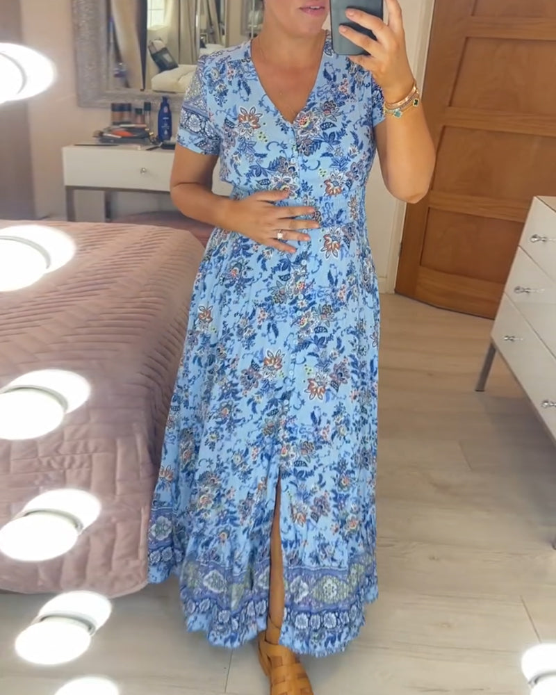 Print-cozy v-neck long-dress